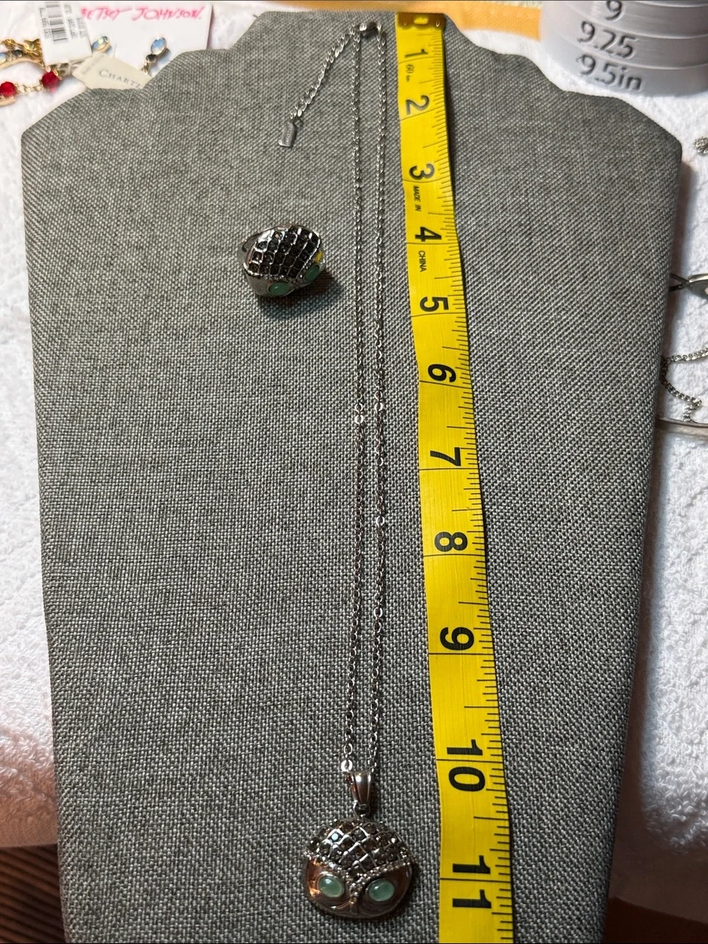 Silver Tone Owl Pendant Necklace and Ring Set with Green Stone Accents